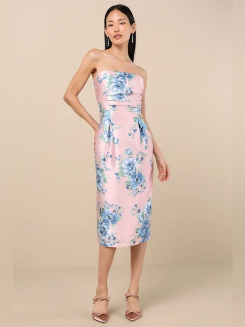 Lulus Pink Floral Strapless Midi Dress Lace-Up Back NWT Size S